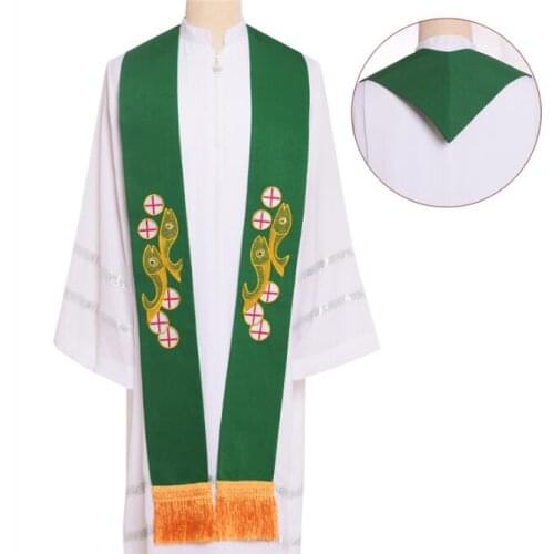 Catholicism Tie Embroidery fish Green Priest