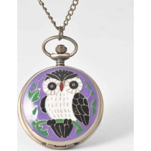 Classic Owl Purple Case Quartz Pocket Watch Bronze Antique Necklace Pendant Chain Ms. Mens Watch Birthday Gift Pocket Watch