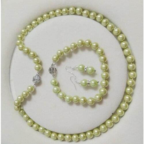 Beautiful 8mm AAA Light Green Shell Pearl necklace Bracelet Earring Set