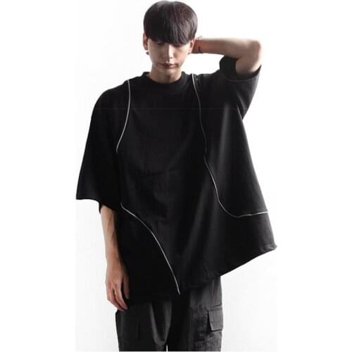 Summer short sleeve t-shirt mens trendy Harajuku harbour style over size simple asymmetric line half sleeve top