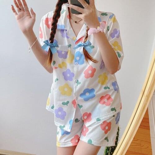 Summer Womens Pajamas Short Sleeve Shorts Two-Piece Sleepwear Milk Silk Printed Lapel Cardigan Cute Loose Simple Female Homewea