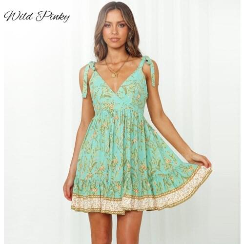 WildPinky New V-neck Summer Women Dress 2021 Fashion Print Tie Up Spaghetti Strap Mini Sundress Sexy Backless Female Vestidos