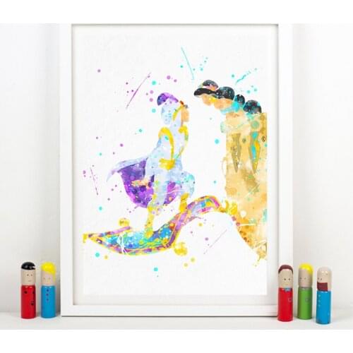 Poster Aladdin And Jasmine Watercolor Wall Art Canvas Painting Classic Cartoon Magic Carpet Prints Home Decor
