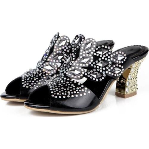 Thick High Heel 8 cm Heel Slippers Women Summer Rhinestone Hollow Slippers Peep Toe Diamonds High Heel Slippers