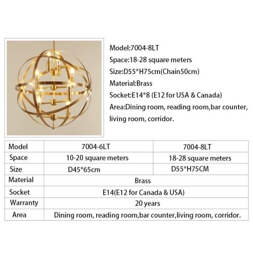 Modern pendant light ball brass vintage chandelier lamps home decor