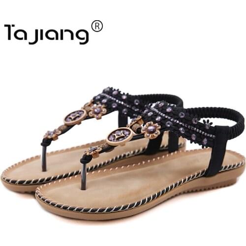 Tajiang Authentic New European and American ladies beaded sandals summer fighter sandals beach flat sandals T560-23