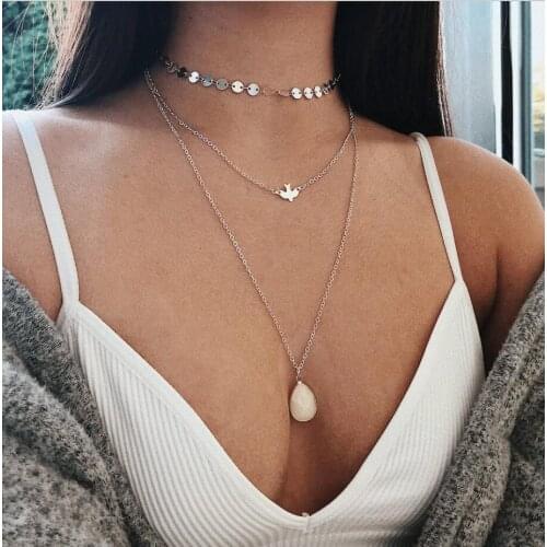 Three layers necklace Coin chain choker Peace Pigeon chain Acrylic water-drop pendant O chain silver color gold color plated