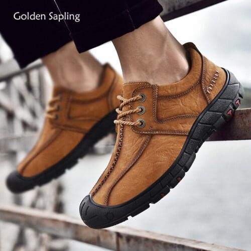 Golden Sapling Vintage Mens Casual Shoes Fashion Genuine Leather Flats Classic Leisure Footwear Retro Trekking Driving Loafers