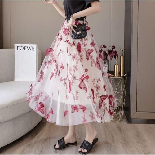 Womens Embroidery Big-Swing Skirt Elegant Pendulum Mesh Skirt Fashion Female Autumn Four Seasons Holiday Office Half-Long Skirt