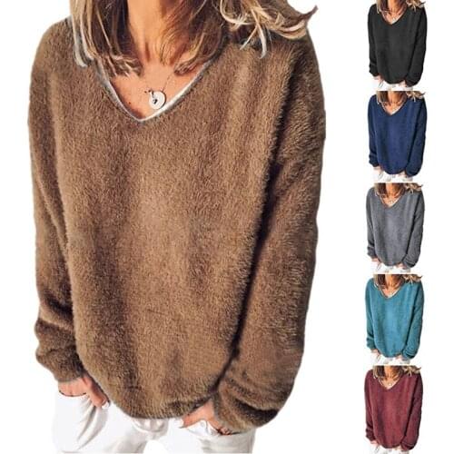 Women Fashion Solid Color Sweaters Ladies Slim V Neck Tops Casual Loose Sweaters Women Autumn Clothing For Femme Plus Size