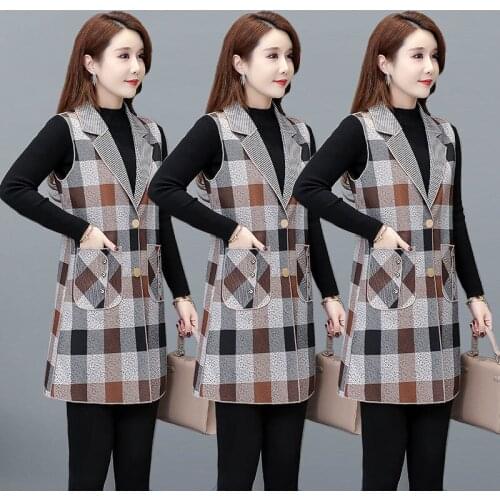2021 Woman Spring New All-match Slim Suit Vest Female Long Plaid Vintage Suit Collar Sleeveless Outerwear Lady Button Vest H827