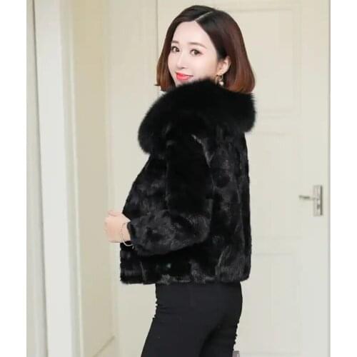 Plus Size 4XL Womens Faux Fox Fur Collar Fur Coat Winter Slim Short 2021 New Female Pocket Imitate Mink Fur Jacke Black Elegant