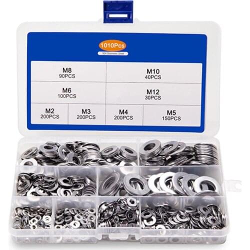 1010pcs/box Washer Set M2 M3 M4 M5 M6 M8 M10 M12 Stainless Steel Washer Flat Washers Ring Plain Washer Gaskets Assortment Kit