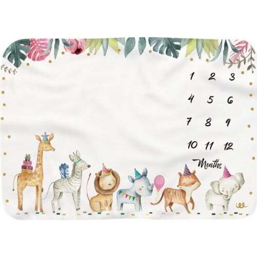 45BF Baby Monthly Record Growth Milestone Blanket Newborn Soft Flannel Cartoon Animal Printed Swaddle Wrap Photography Props