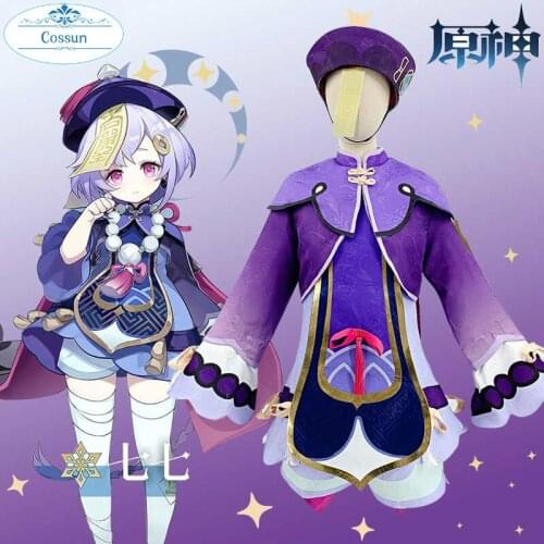 Anime Genshin Impact Qiqi Zombies Freeze Back Into The Night Game Suit Purple Lovely Dress Cosplay Costume Halloween Party Outfi