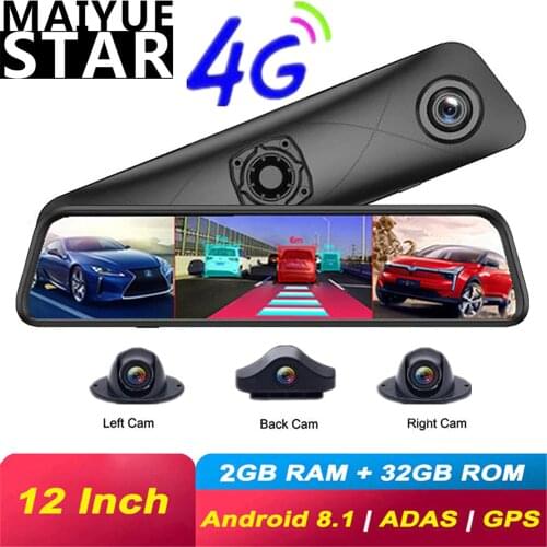 12 Inch Car DVR Android 4G Dash Cam Auto Register 4 Channel 360° Camera FHD 1080P Wifi Rear View Mirror ADS GPS Video Recorder