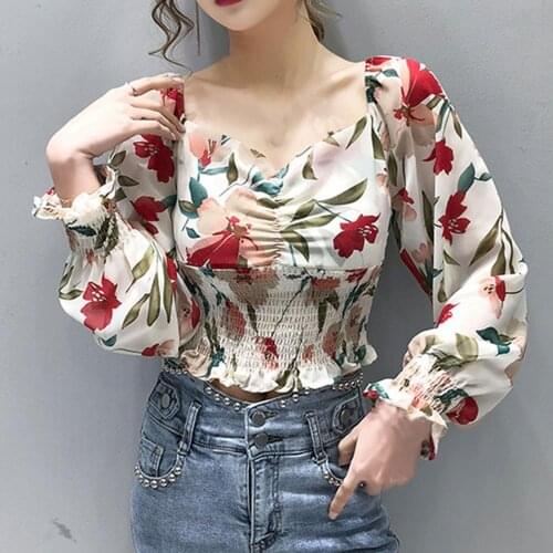 Square Collar Leaf Floral Print Femme Blusas Waist Tight Floral Print Summer Autumn Elegant Chic Female Top Streetwear Trendy