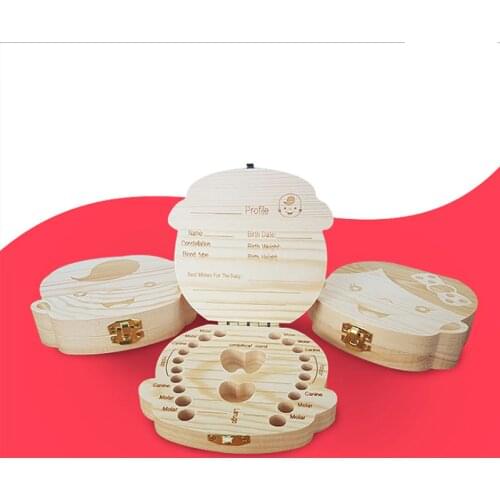 English/Spanish Wooden Tooth Box Organizer Save Milk Teeth Storage Collecting Teeth Gifts Umbilical Cord Lanugo caja madera