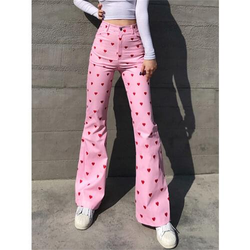 Red Heart Print Korean Flare Jeans Sweet Pink High Waist Slim Fit Pants Women Casaul Streetwear Denim Pants Street Hipper Jeans