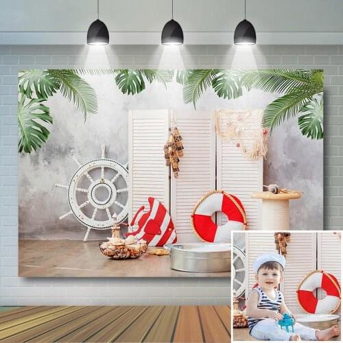 Nautical Cake Smash Backdrop Summer Baby Portrait Photography Background Splint Board Rudder Tropical Leaves Photo Studio Prop