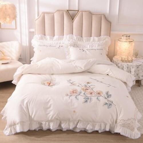 Luxury White Pure Cotton Flowers Embroidery Princess Girls Bedding Set Lace Ruffle Duvet Cover Bed Sheet Bed Skirt Pillowcases