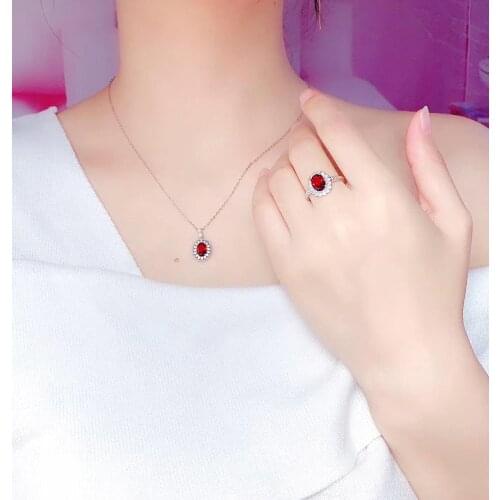 The best gift for engagement Natural real red garnet luxury style jewelry set 1pc ring 1pc Pandant 925 sterling silver