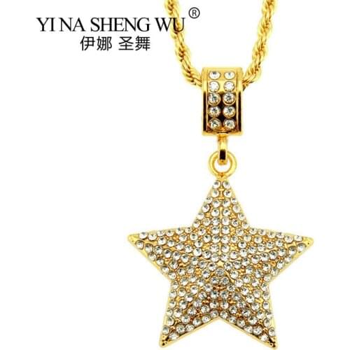 Fashion Brand Hip Hop Gold Color Micro Zircon Rhinestone Five-angle Star Pendant Necklace Man Jewelry Accessories Necklace New