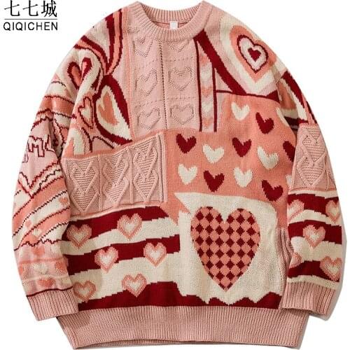 Mens Hip Hop Knitted Sweaters Heart Color Block Streetwear Jumper Women Harajuku Autumn Loose Casual Christmas Pullovers Unisex