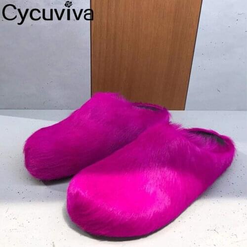 New 2021 Horsehair Mules Women Shoes Round Toe Slip On Slippers Ladies Shoes Casual Outwear Slides Female Shoes Zapatos Mujer