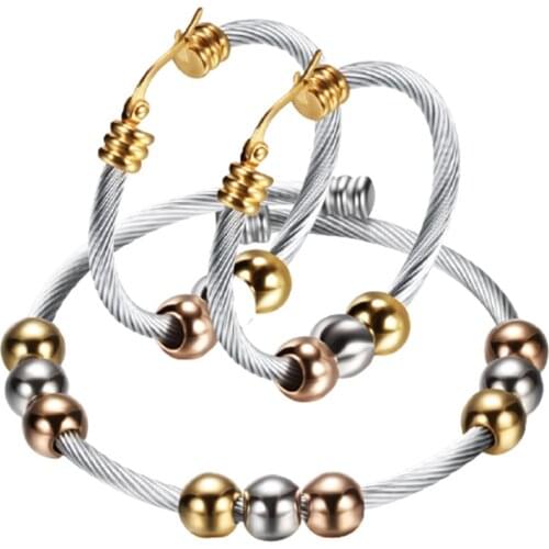 316L Stainless Steel Adjustable Spring Twisted Chain Bracelet Earrings Tricolor Bead Titanium Steel Jewelry Set No Fade