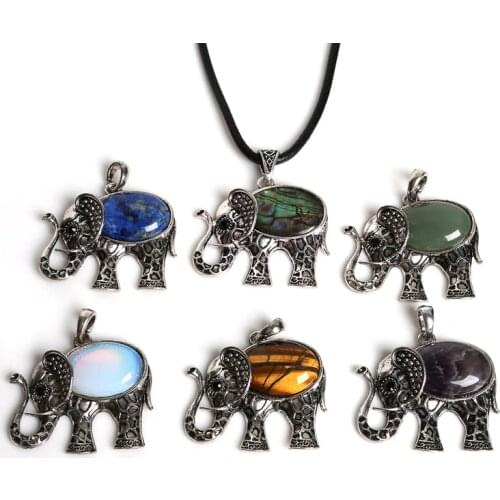 1pc Antique Silver Plated Vintage Elephant Charms With Natural Stone Beads Necklace Pendant For DIY Jewelry Making Accessories