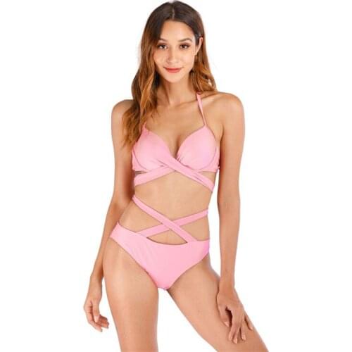 Factory direct OEM&ODM sexy cross strap split swimsuit two-piece in solid color Promotion XXER002