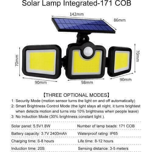 China Googor 171 COB Solar LED Light Outdoor 3 Heads Motion Sensor 270 Wide Angle Waterproof Lights Wall lamp for Garden