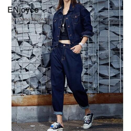 Woman Jeans Jacket Sets 2021 Spring Fall Blue Denim Jacket and Pants 2 Pieces Set Women Korean Style Streetwear Coat Outwears