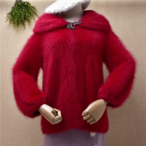 Ladies women fashion christmas red hairy mink cashmere knitted beading three quarter sleeve slim cardigan angora fur jacket coat
