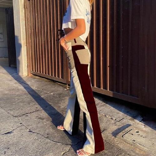 Womens Color Matching Jeans Stitching High Waist Chic Sexy Fitting Streetwear Trumpet Pants Flared Trousers with Pocket