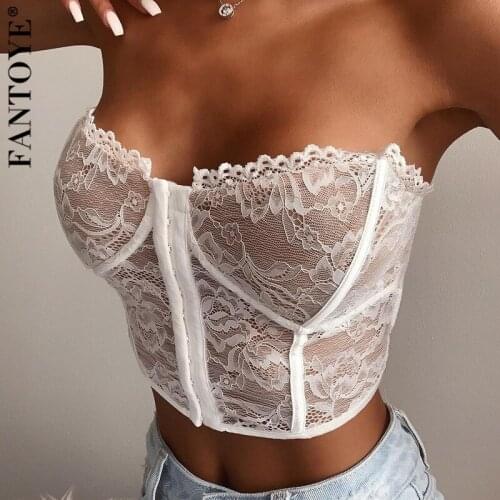 Fantoye Sexy Lace Hook Corset Tops To Wear Out Bustier Corset Women Fashion Black Bodycon Camis Clubwear Solid Slim Crop Tops