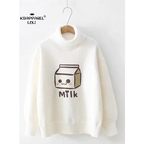 Women Pullover Winter Korean Sweater Mori Girl High Collar Milk Boxes Print Cute Female Turtleneck Loose Kawaii Knitting Jumper