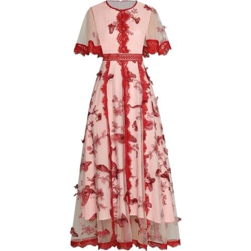 Newest HIGH QUALITY 2021 Fashion Runway Dress Womens Short Sleeve Lace Embellished Gauze Dress