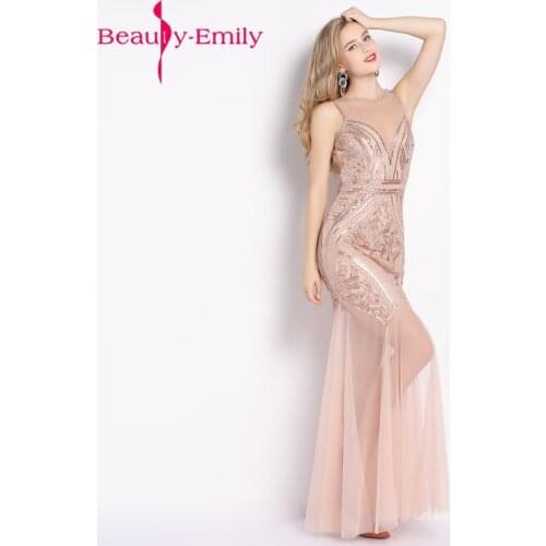 Beauty Emily Elegant Sequined Beading Mermaid Evening Dress 2019 Long Sleeveless Illusion Formal Party Dress Robe De Soiree