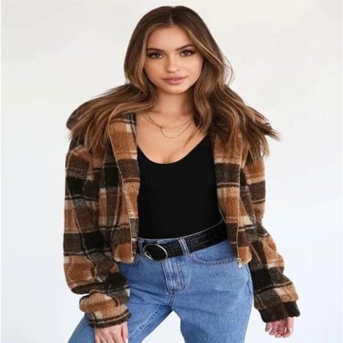 Winter Coat Women 2020 Plush Teddy Coat Plaid Zipper Short Lamb Wool Coat Abrigos Mujer Invierno Femme Veste шуба женская пальто