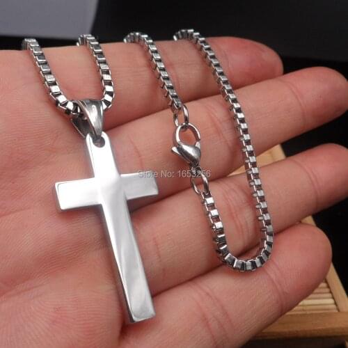 5pcs in bulk stainess steel Simple Cross Necklace Pendant + 2mm 22'' Box Chain Unisex Men