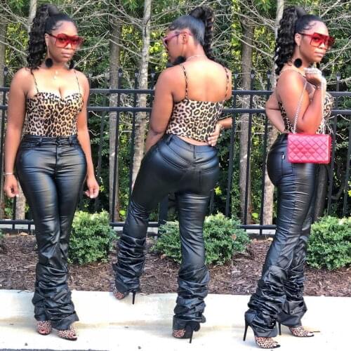 Adogirl Woman High Waist PU Stacked Pants Solid Color Plus Size S-3XL Draped Hems Female Skinny Office Lady Wear Trousers