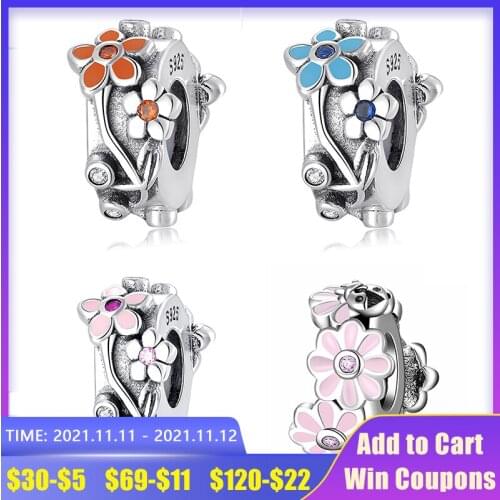 925 Sterling Silver Pink Plum blossom Zircon fine Stopper spacer beads Fit Original europeu Charm Bracelet Jewelry making