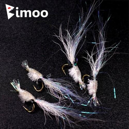 Bimoo 4PCS White #16 Mini Shrimp Salt Fly Bass Steelhead Trout Salmon Flies Nymph Fly for Saltwater Freshwater Fly Fishing