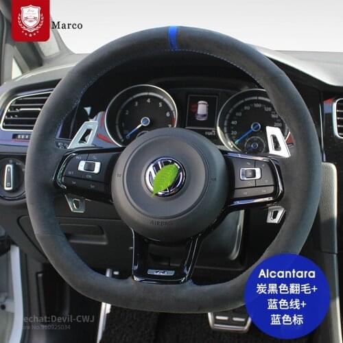 Real Alcantara steering wheel cover for VW CC Tiguan polo Golf R Passat Touran Black suede hand-stitch Auto parts accessories
