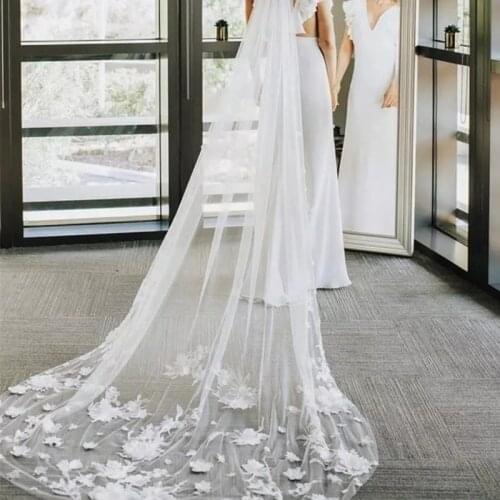 White/Ivory Wedding Veils Long Lace Edge 3D Flowers Floral Appliques Lace Bridal Veil With Comb velo de novia Cathedral Headwear