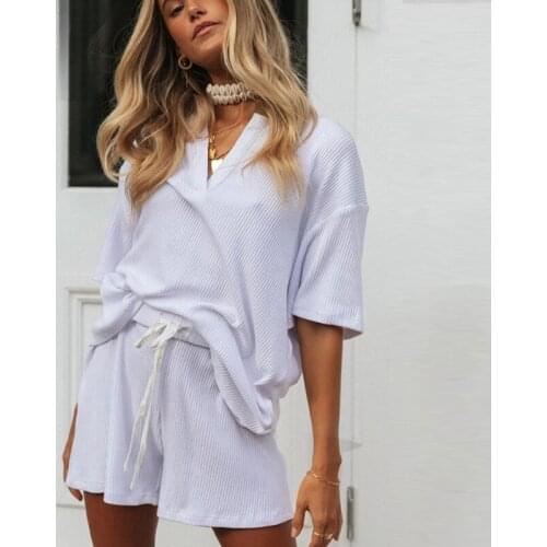 Summer Ribbed Casual Womens Shorts Suit White V-Neck Short Sleeve Women T-shirts Set Drawstring Lady Shorts Suits 2 Piece Sets