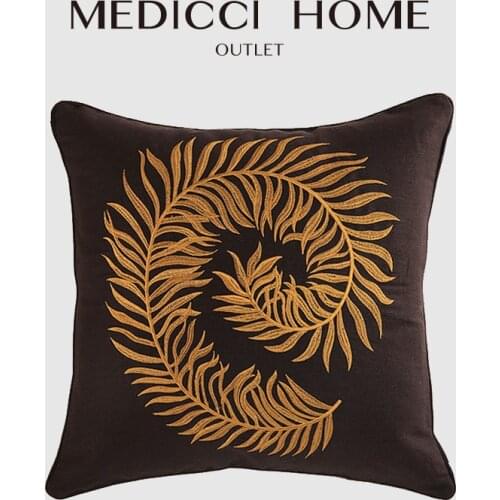 Medicci Home American Style Cushion Covers Vintage Pteridophyte Leaf Embroidered Modern Upholstery Bench Pillow Case Brown Color