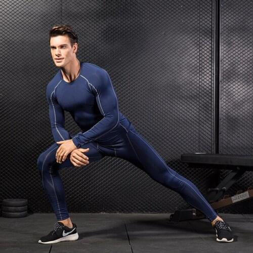 Fashion Two-piece Men tight fitness training suit stretch quick-drying suit long sleeve trousers Breathable Quick Dry Plus Size